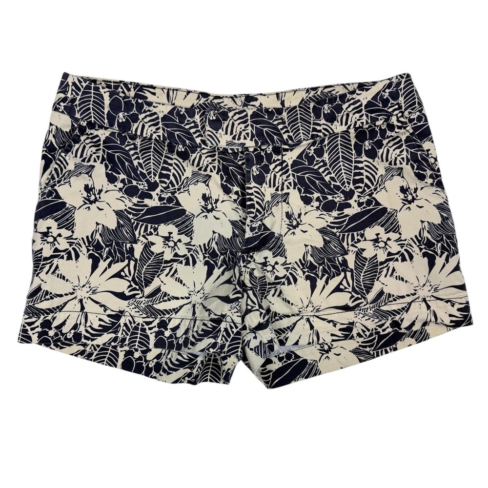 Kavu Womens Size 8 Tropical Floral Print Shorts Navy Cream Cotton 3 Inseam